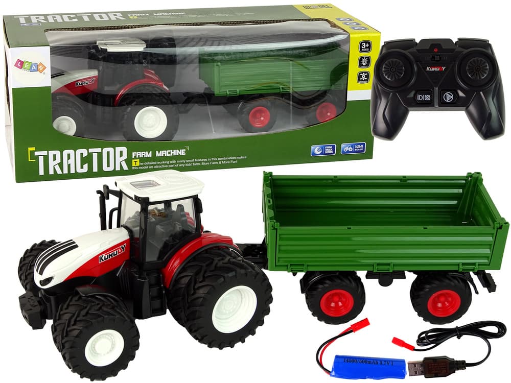 Traktor na daljinsko vodenje z prikolico, 1:24, rdeč/zelen