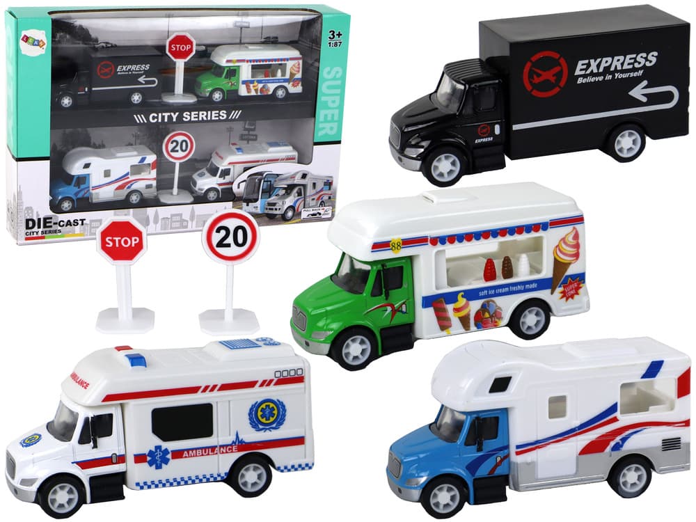 Komplet 4 vozil LEAN TOYS (Kamper, Tovornjak, Rešilec, Prodajalna sladoleda) 1:87
