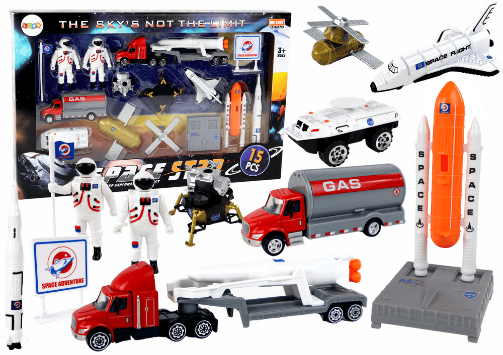 Set vesoljskih figur LEAN TOYS z tovornjakom in raketo, 15 elementov