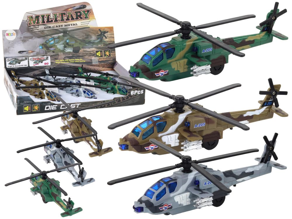 Vojaški helikopter z vzmetnim pogonom, aluminijast, mešani, z zvokom in lučmi