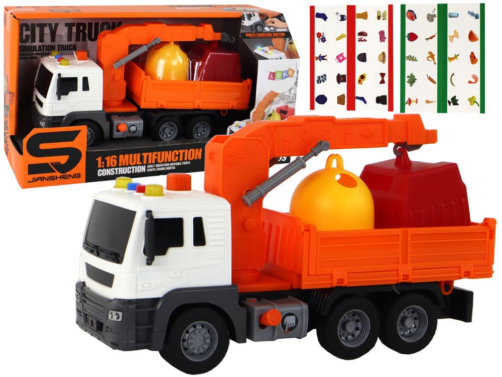 Tovornjak smetnjak z dvigalom, frikcijski pogon, zvoki, oranžen, 1:16