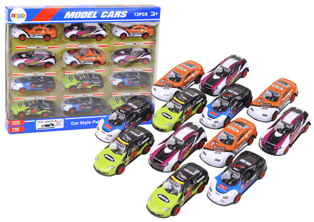 LEAN TOYS Set 12 športnih avtomobilov z vztrajnostnim pogonom (1:55)