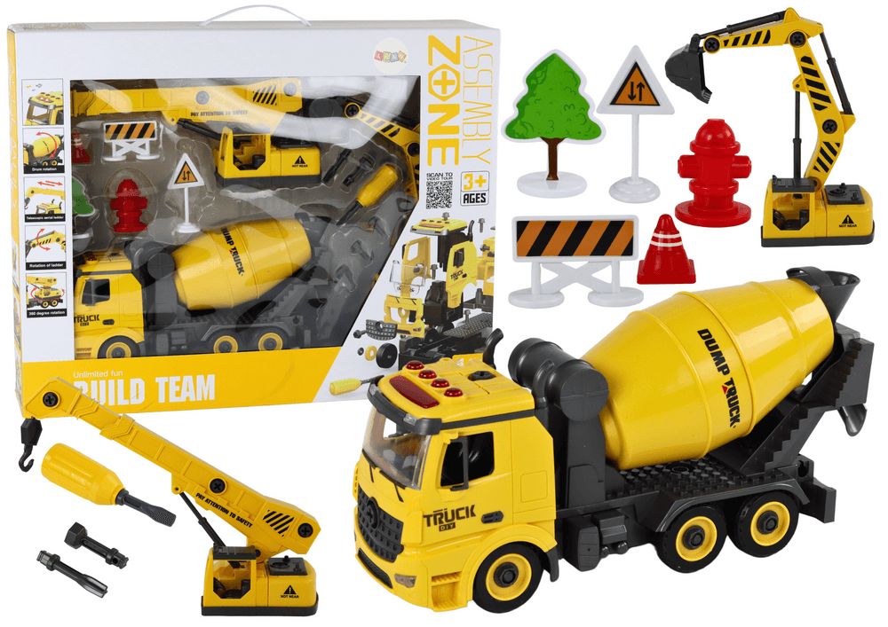 Gradbena vozila LEAN TOYS DIY (beton, dvigalo, bager) s lučmi