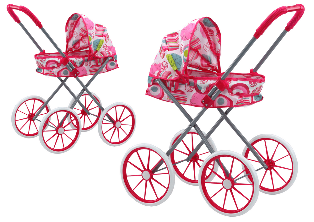 LEAN TOYS Voziček za punčke, zložljiv, roza z vzorci