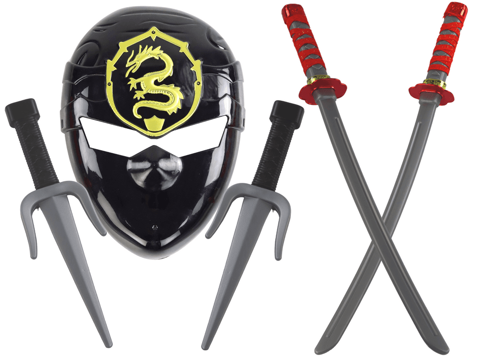 Ninja bojevniški set: maska, meči in bodala z rdečimi okraski