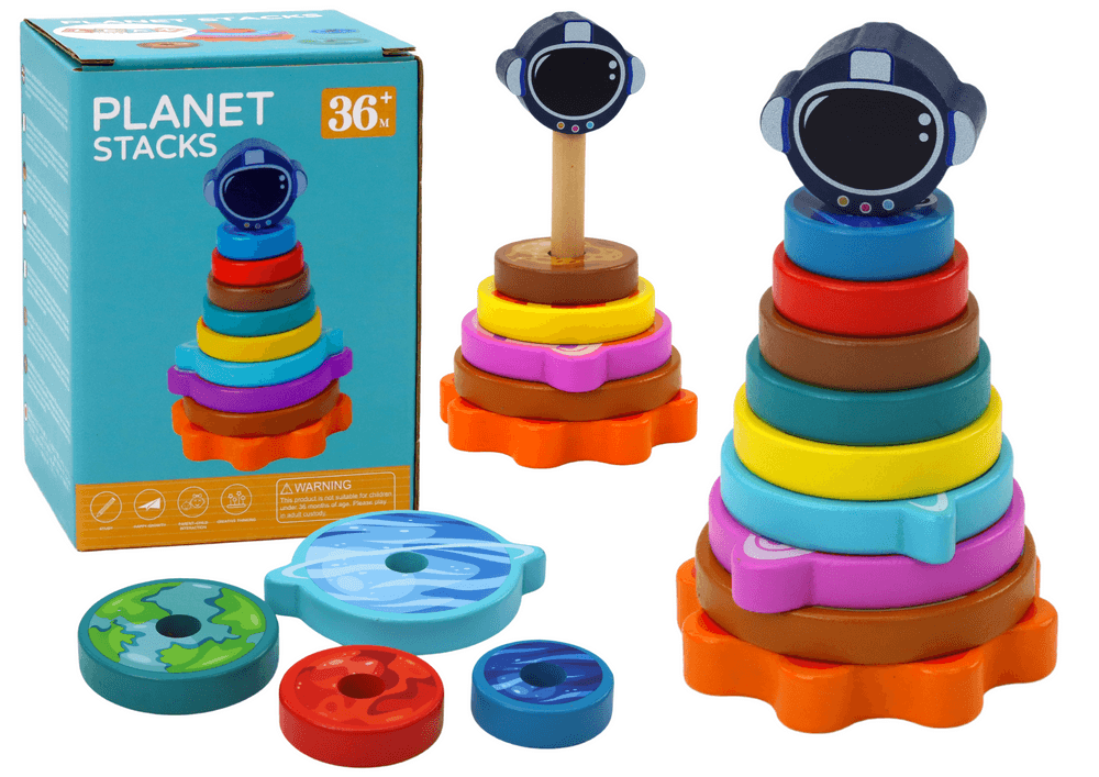 LEAN TOYS Piramida Sorter Drewniany z Planetami - Edukacyjna Puzzle 10el.