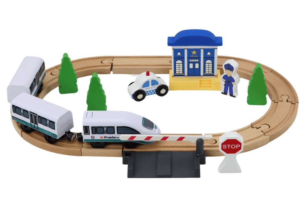 LEAN TOYS Leseni Vlak Komplet - Tirnice, Most, Policija, 3,2m 2