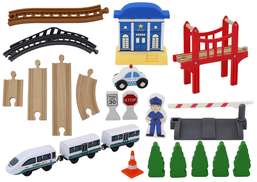 LEAN TOYS Leseni Vlak Komplet - Tirnice, Most, Policija, 3,2m 3