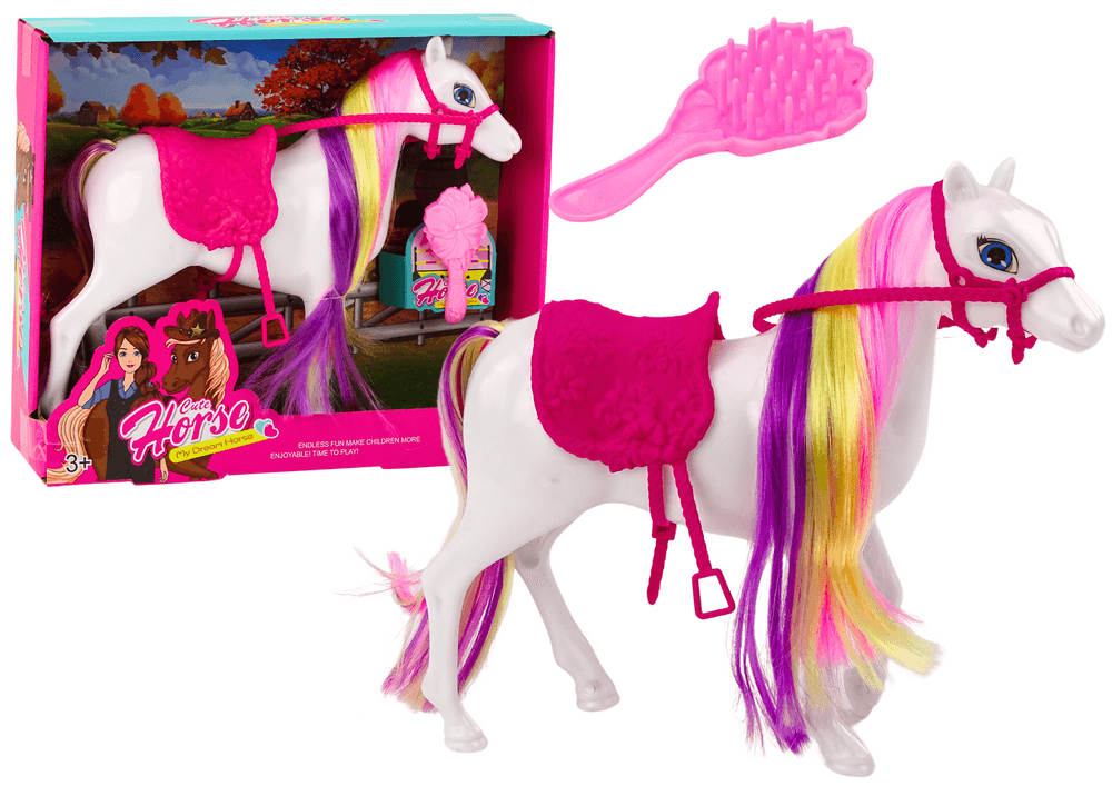 Figurica konja za česanje LEAN TOYS - bel, roza sedlo, krtača