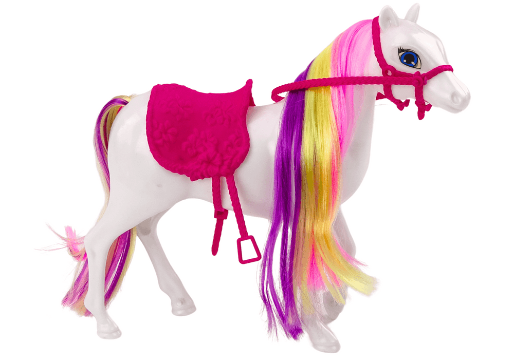 Figurica konja za česanje LEAN TOYS - bel, roza sedlo, krtača 2