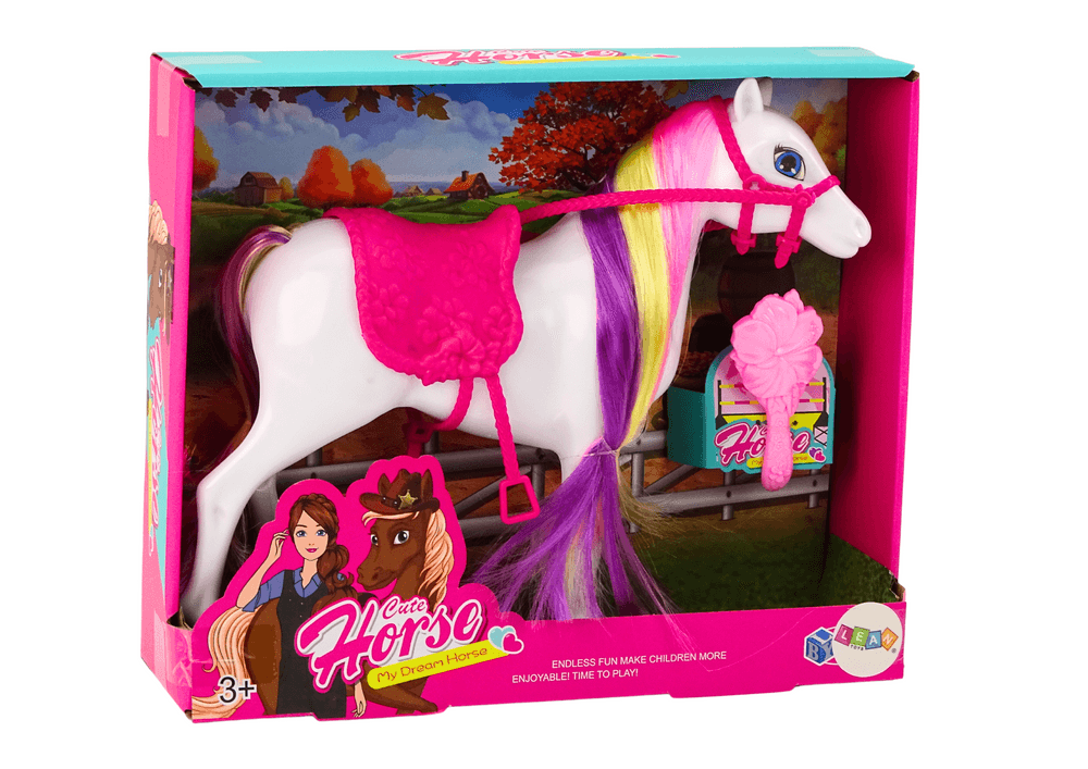 Figurica konja za česanje LEAN TOYS - bel, roza sedlo, krtača 3