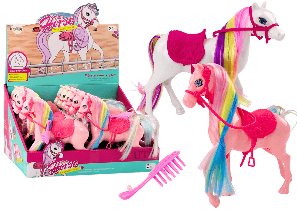 Figurica konja LEAN TOYS - roza/bela, pisan griva, roza sedlo
