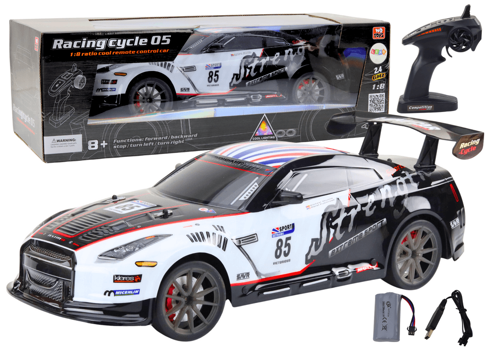 Velik RC športni avto LEAN TOYS 1:8, črno-bel, luči, zvoki