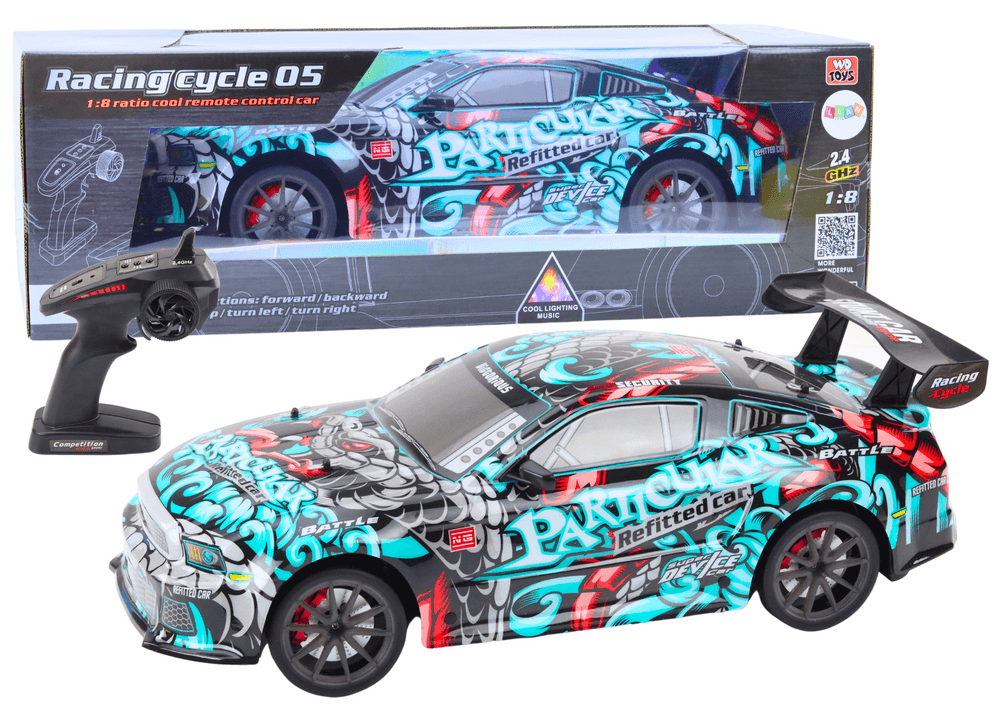 Velik RC športni avto LEAN TOYS 1:8, nebesko modro-rdeč graffiti, luči, zvoki