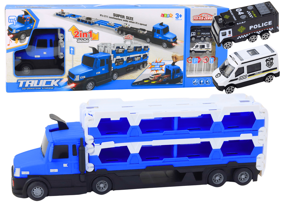 Lora + Dirkaška steza LEAN TOYS 2v1, modra, luči, zvoki, znaki, avtomobilčka