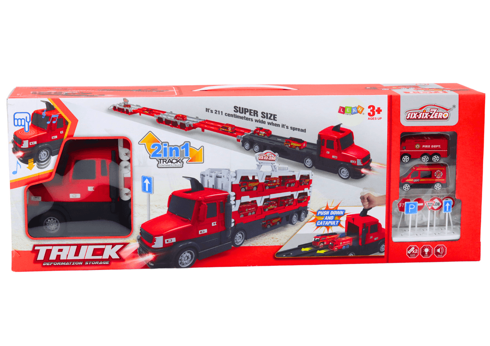 Lora + Dirkaška steza LEAN TOYS 2v1, rdeča, luči, zvoki, znaki, avtomobilčka 6
