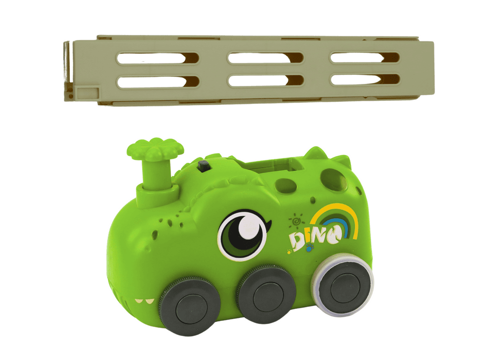 Avtomobilček dinozaver, ki zlaga domine, zelen 3