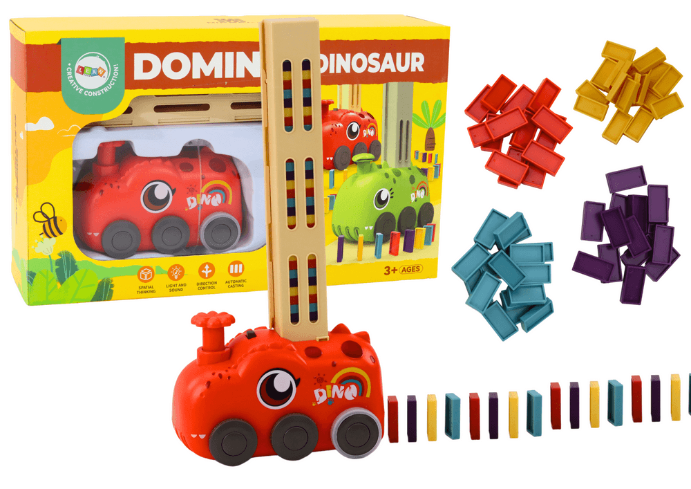 Avtomobilček dinozaver, ki zlaga domine, rdeč