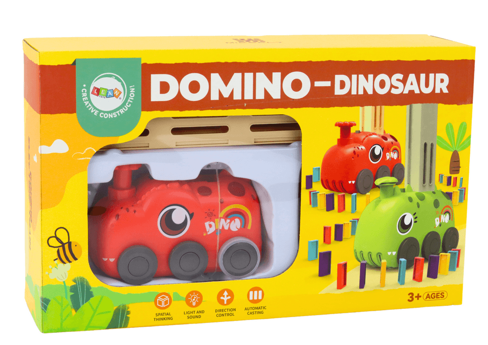 Avtomobilček dinozaver, ki zlaga domine, rdeč 5