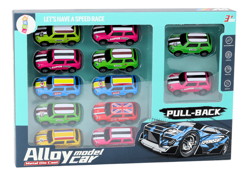 LEAN TOYS Set 12 pisanih kovinskih avtomobilčkov s pogonom 7