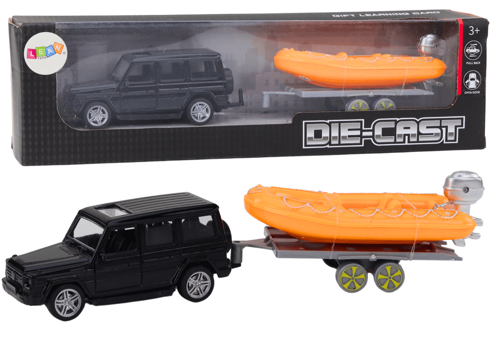LEAN TOYS Terensko vozilo (črno) s prikolico in čolnom (oranžni)