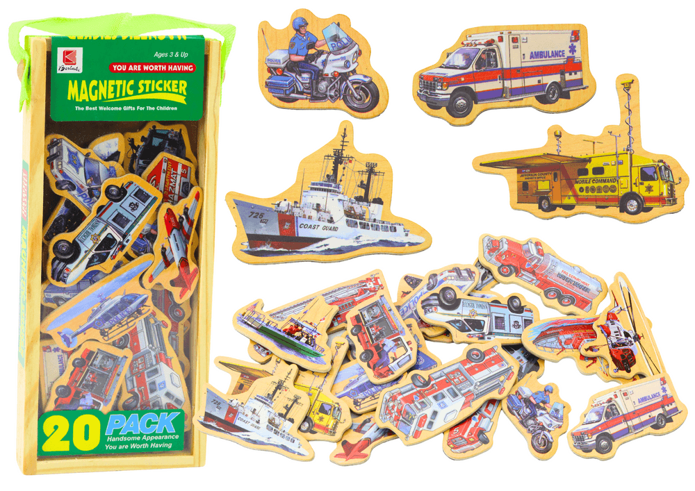 Leseni magneti LEAN TOYS, vozila, ladje, letala, 20 kosov