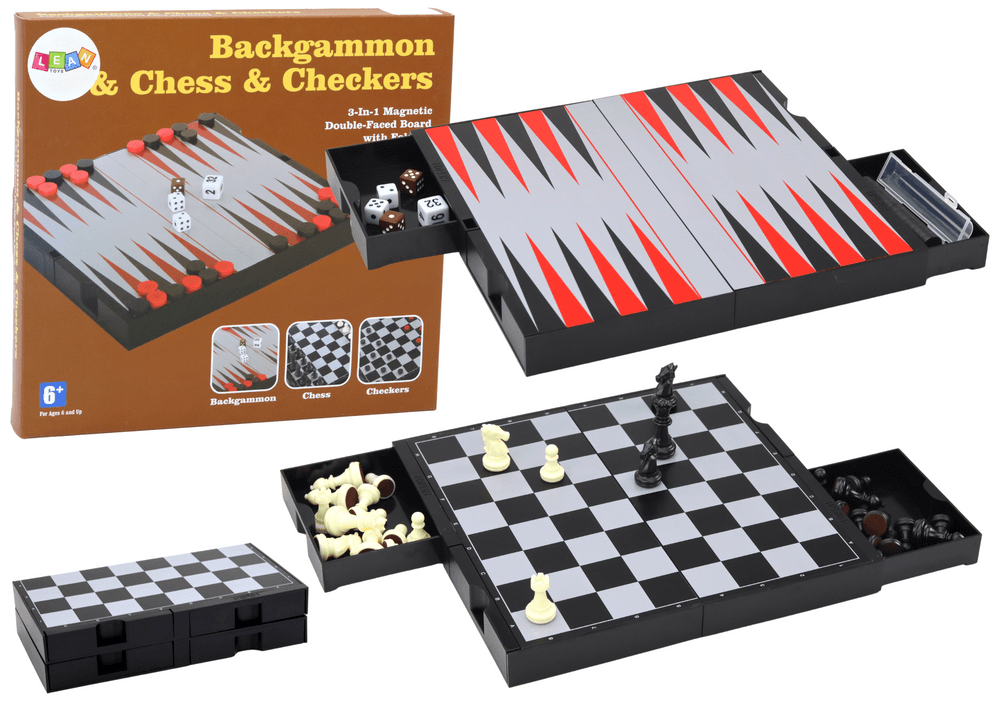 Komplet iger 3v1 LEAN TOYS: Magnetska plošča, šah, dama, backgammon