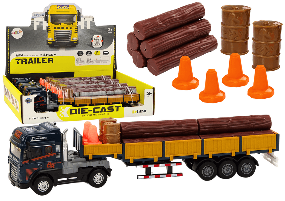 Tovornjak LEAN TOYS s prikolico za les, modri, 1:24, bale lesa, zvoki, luči