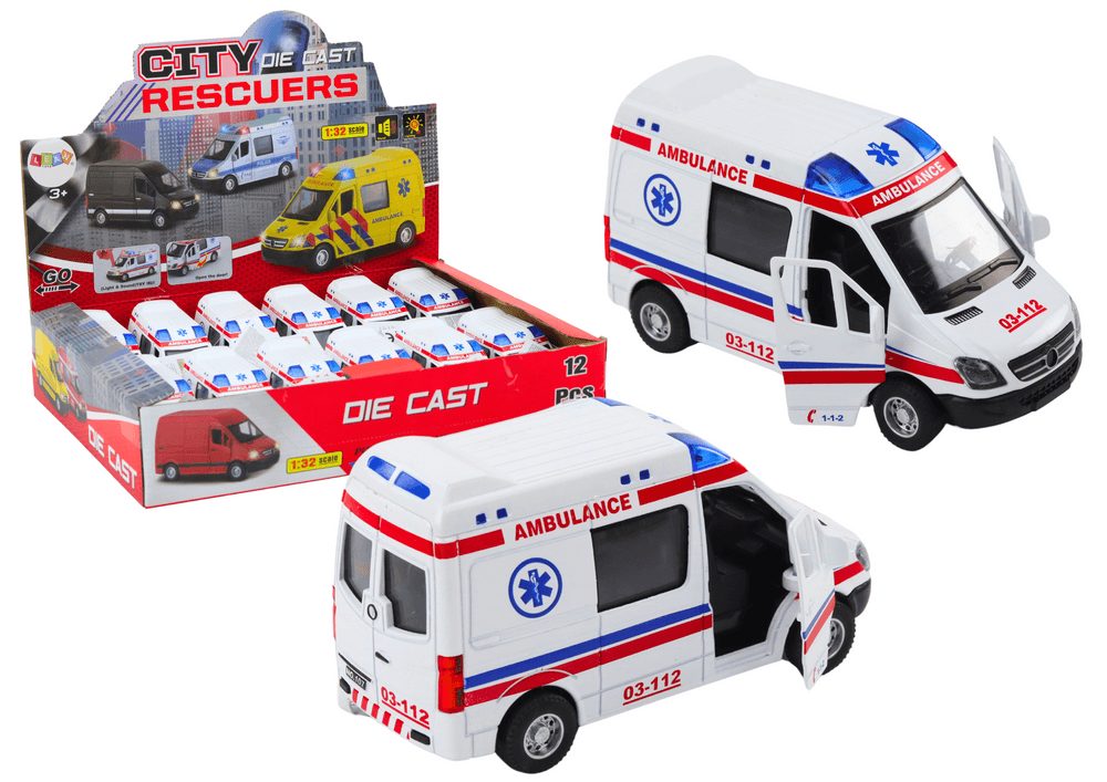Reševalna vozila LEAN TOYS 1:32, bela, odpiralna vrata, luči, zvoki, pogon