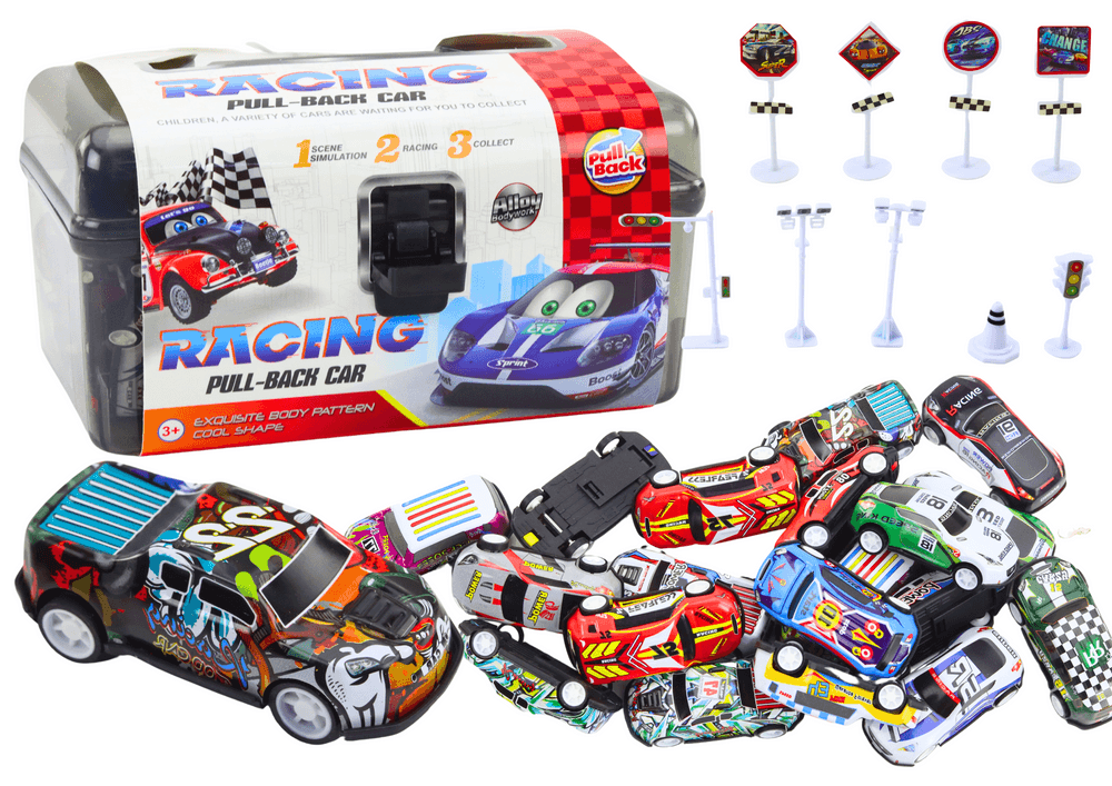 LEAN TOYS Set avtomobilčkov v kovčku, 25 kosov + znaki