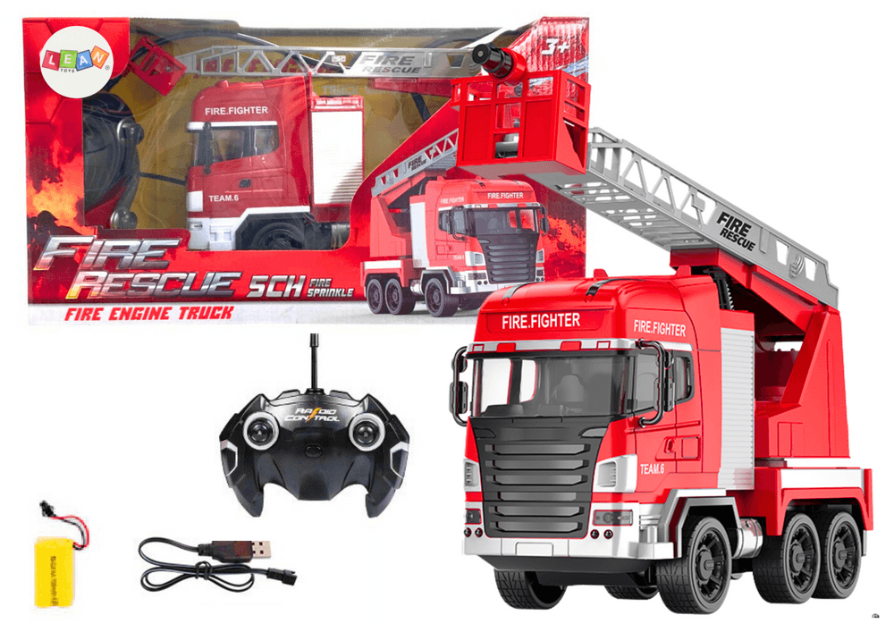 LEAN TOYS Gasilni avto z dvižno košaro, RC, pršilo, luči