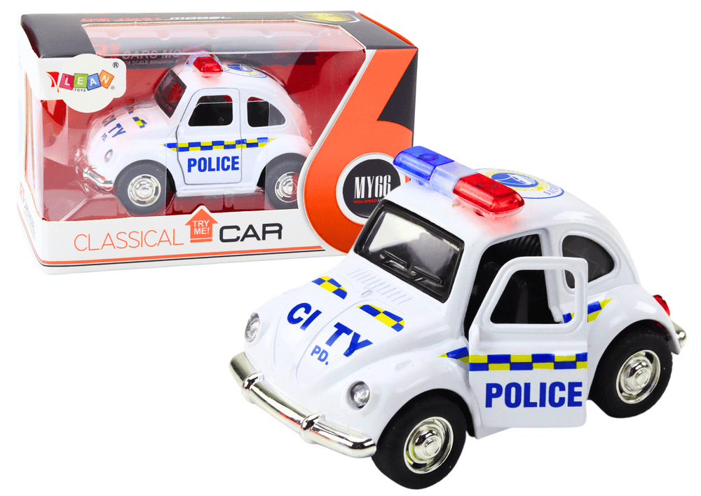 Policijsko avto retro, 1:38, na vleko, luči, zvoki (bela)