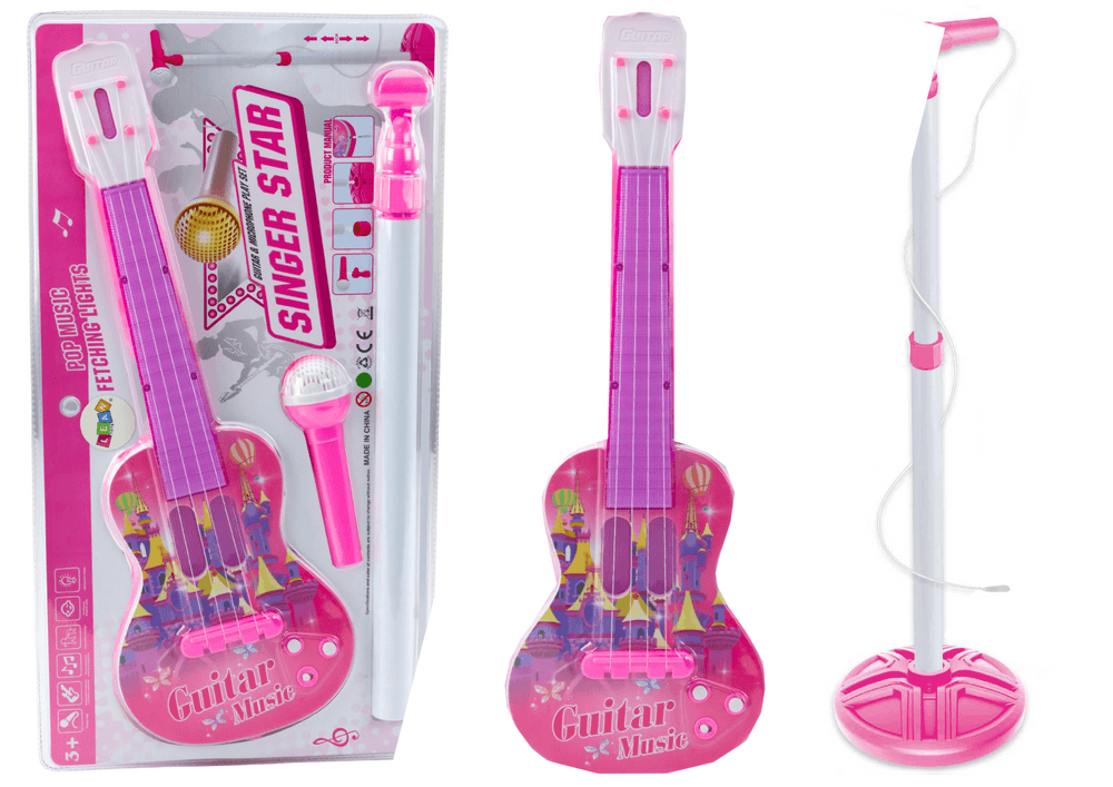 Set električna kitara Lean Toys, stativ z mikrofonom, roza