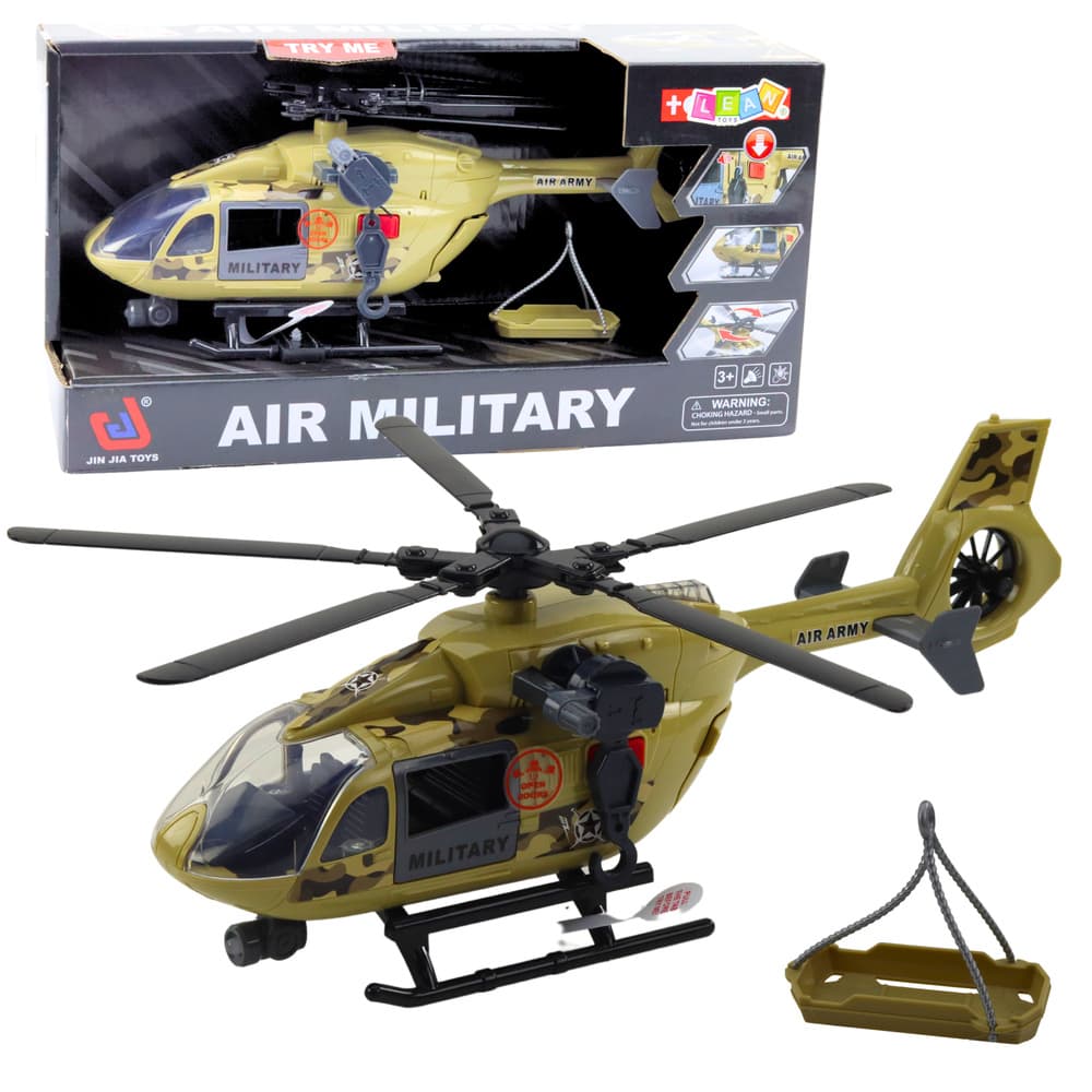 Vojaški helikopter LEAN TOYS: kljuka, nosila, luči, zvoki, 1:14