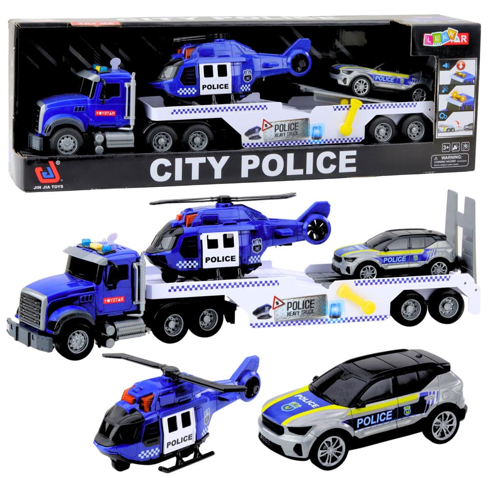 Policijski set LEAN TOYS: Tovornjak, helikopter, avto z lučmi in zvoki