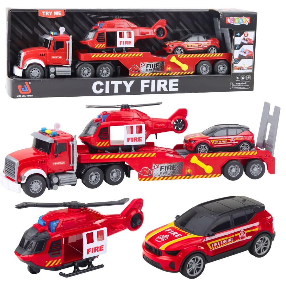 Gasilski set: tovornjak z avtovleko, helikopter, avto, luči, zvoki