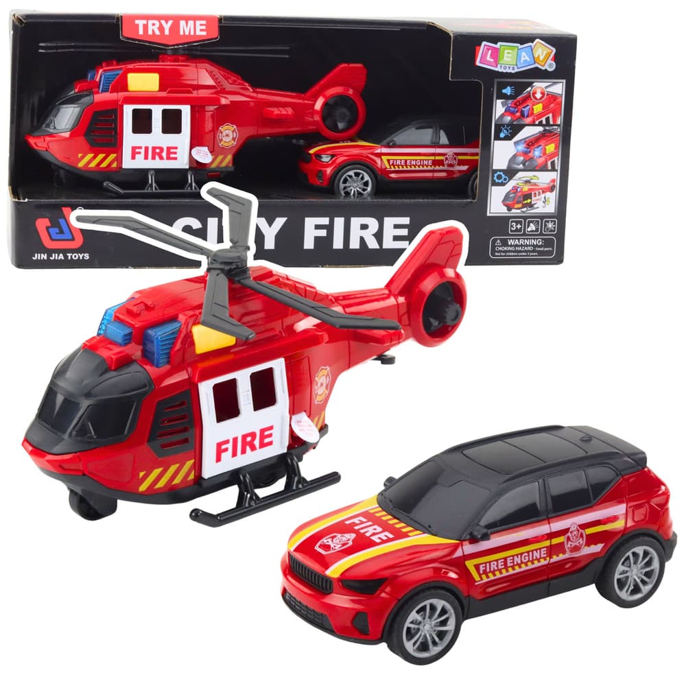 LEAN TOYS Gasilec Helikopter + Reševalno Vozilo Komplet Svetloba Zvok