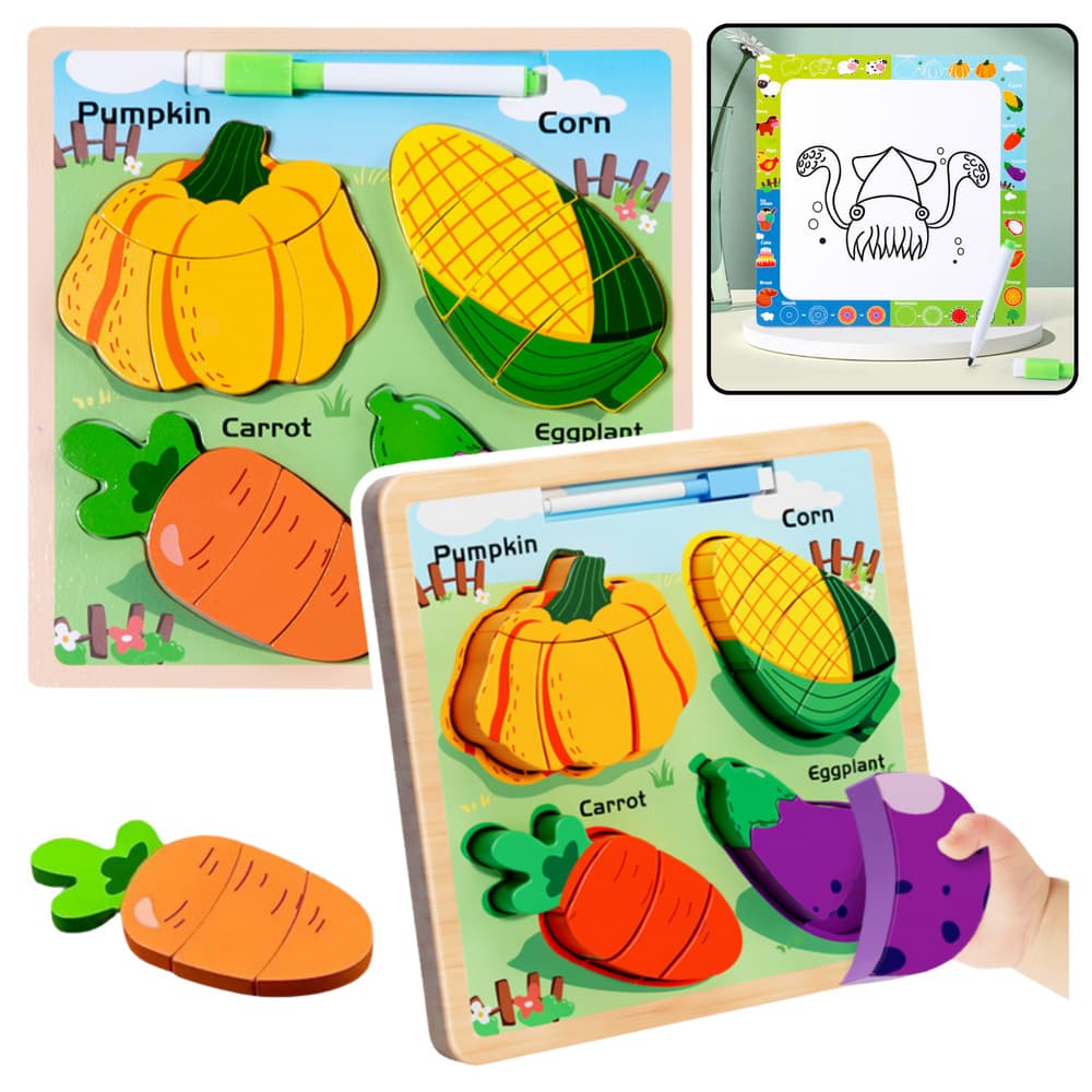 Lesena sestavljanka 2v1 LEAN TOYS - Zelenjava s tablico
