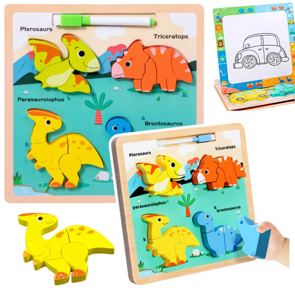 Lesena sestavljanka 2v1 LEAN TOYS - Dinozavri s tablico