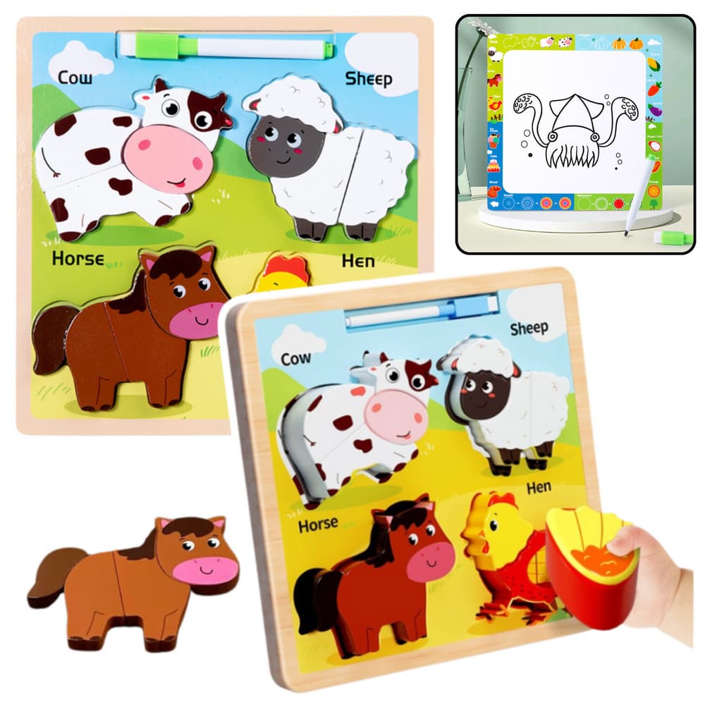 Lesena sestavljanka 2v1 LEAN TOYS - Domače živali s tablico