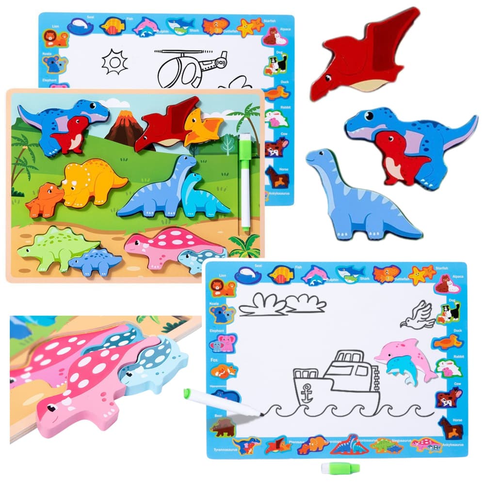 Lesena sestavljanka 2v1 LEAN TOYS - Dinozavri 12 el. s tablico