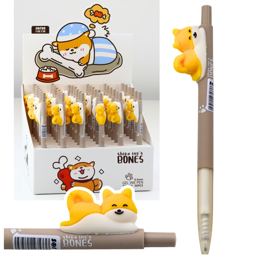 Gel pisalo z motivom psa Shiba (rumen), modri vložek, 0.5mm
