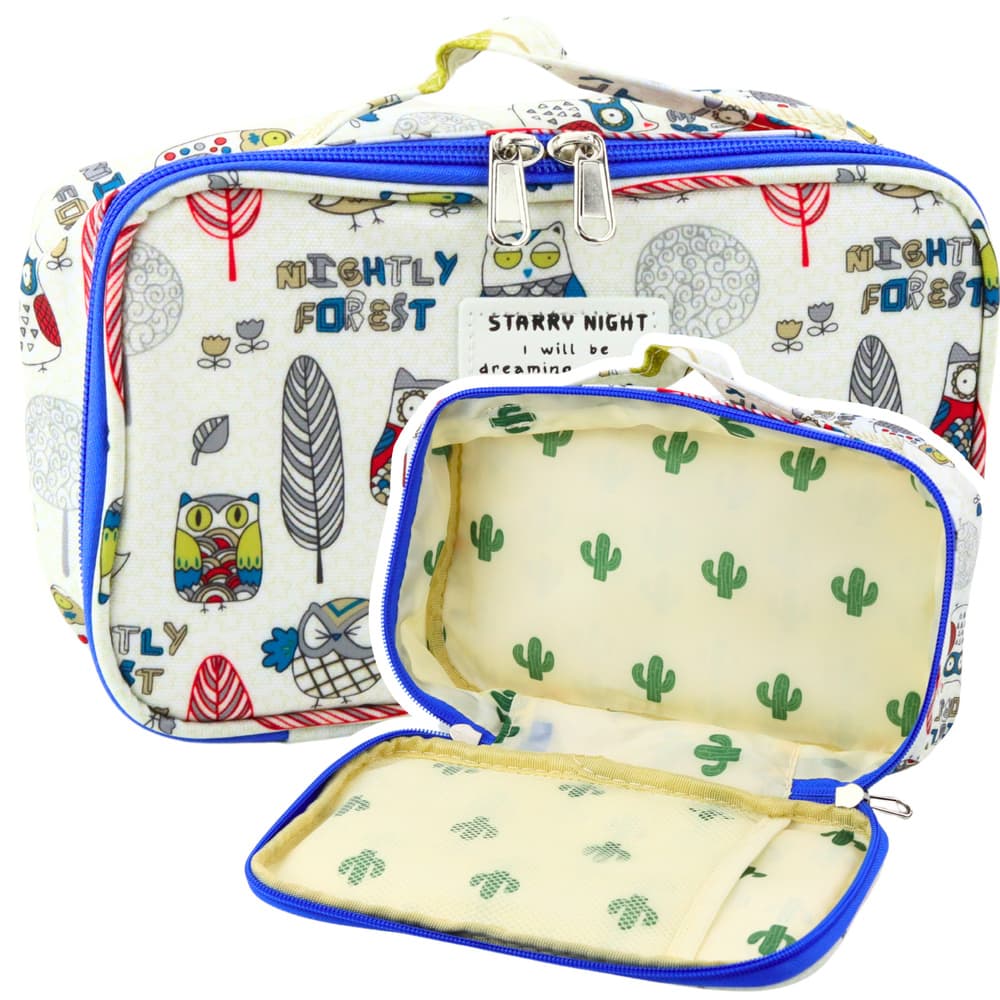 Pernica/kozmetična torbica LEAN z notranjim žepom, sove, bela, 22,5 cm