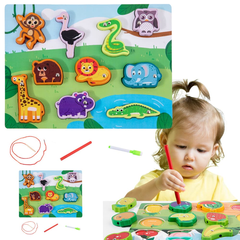 Lesena sestavljanka LEAN TOYS, magneti, vrvica, živali