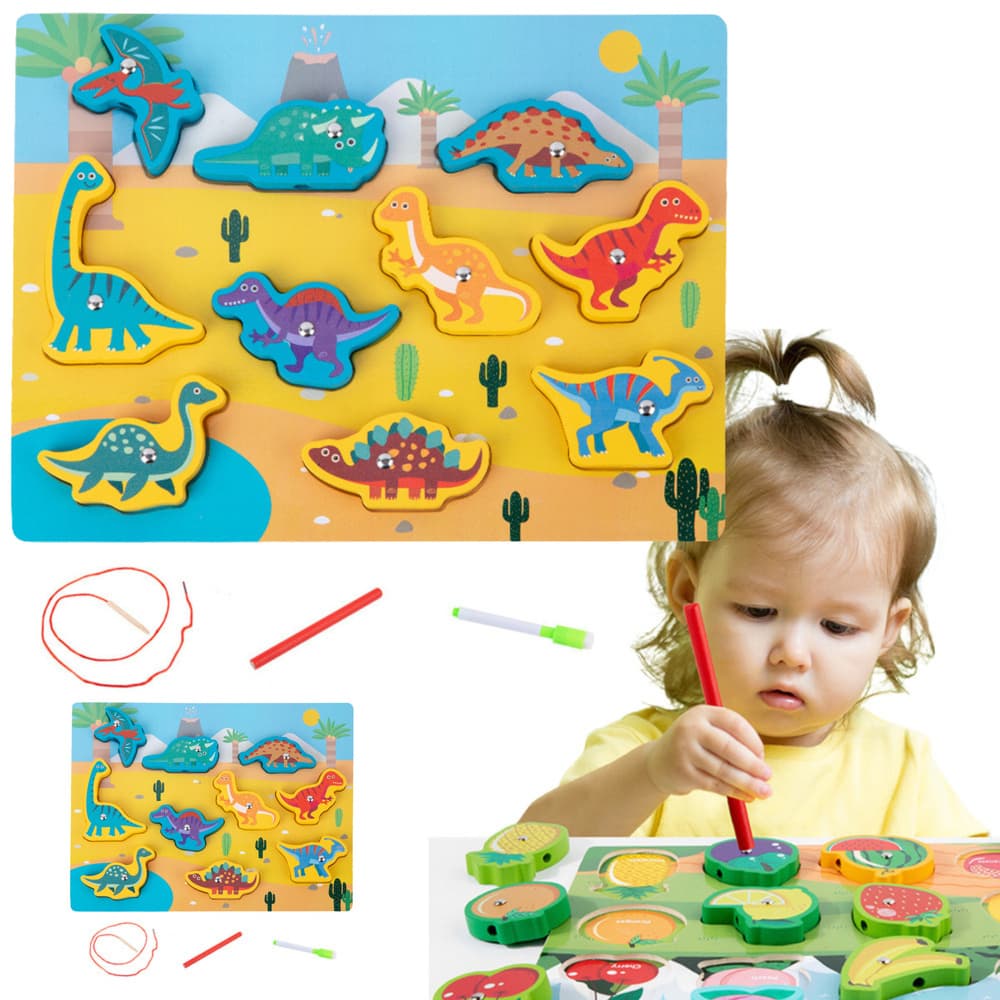 Lesena sestavljanka LEAN TOYS, magneti, vrvica, dinozavri