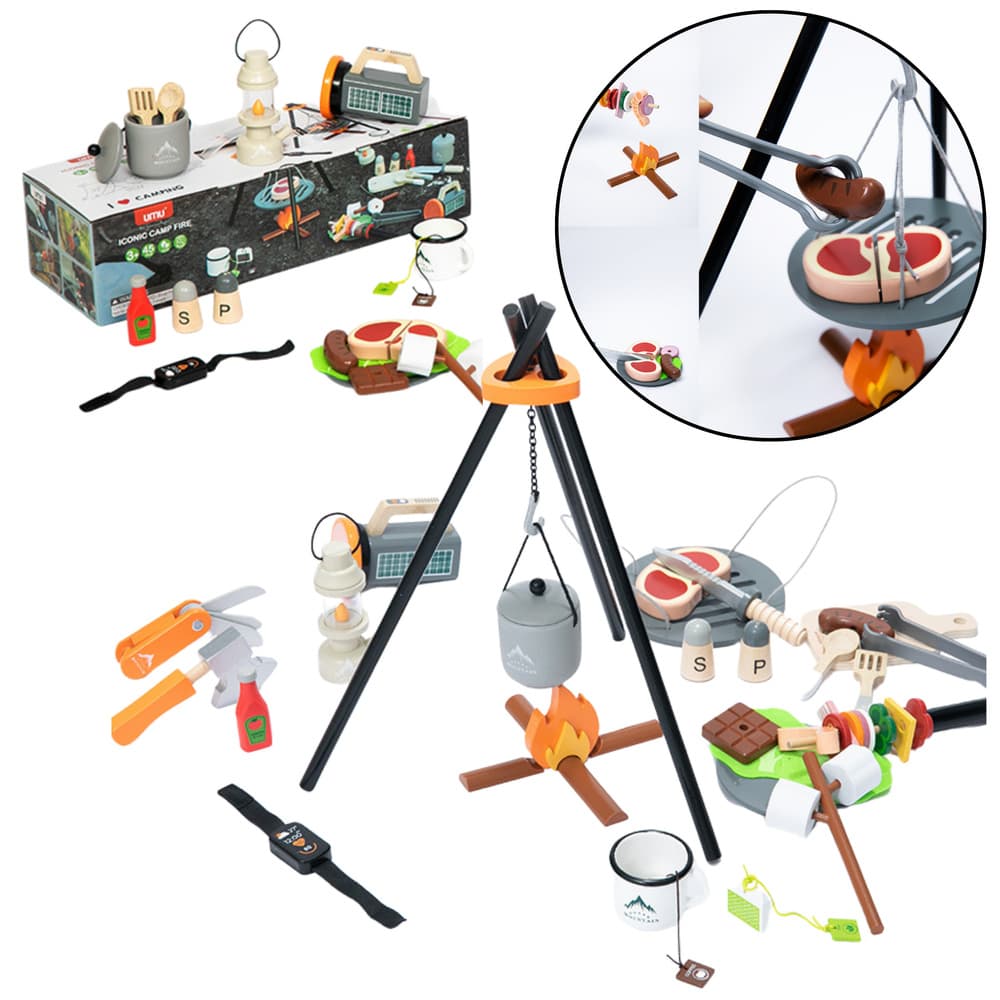 Leseni set za kampiranje LEAN TOYS, ogenj, dodatki (45 delov)