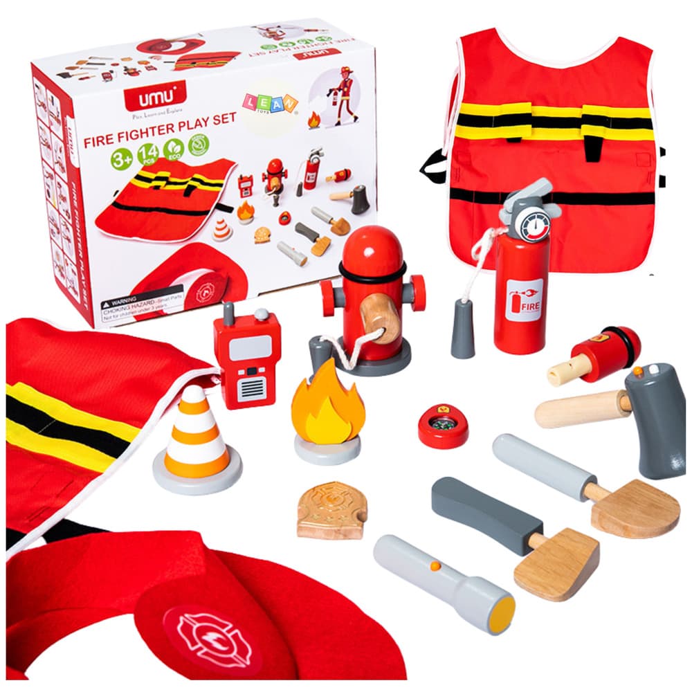 Komplet malega gasilca LEAN TOYS, kostum, dodatki (14 delov)