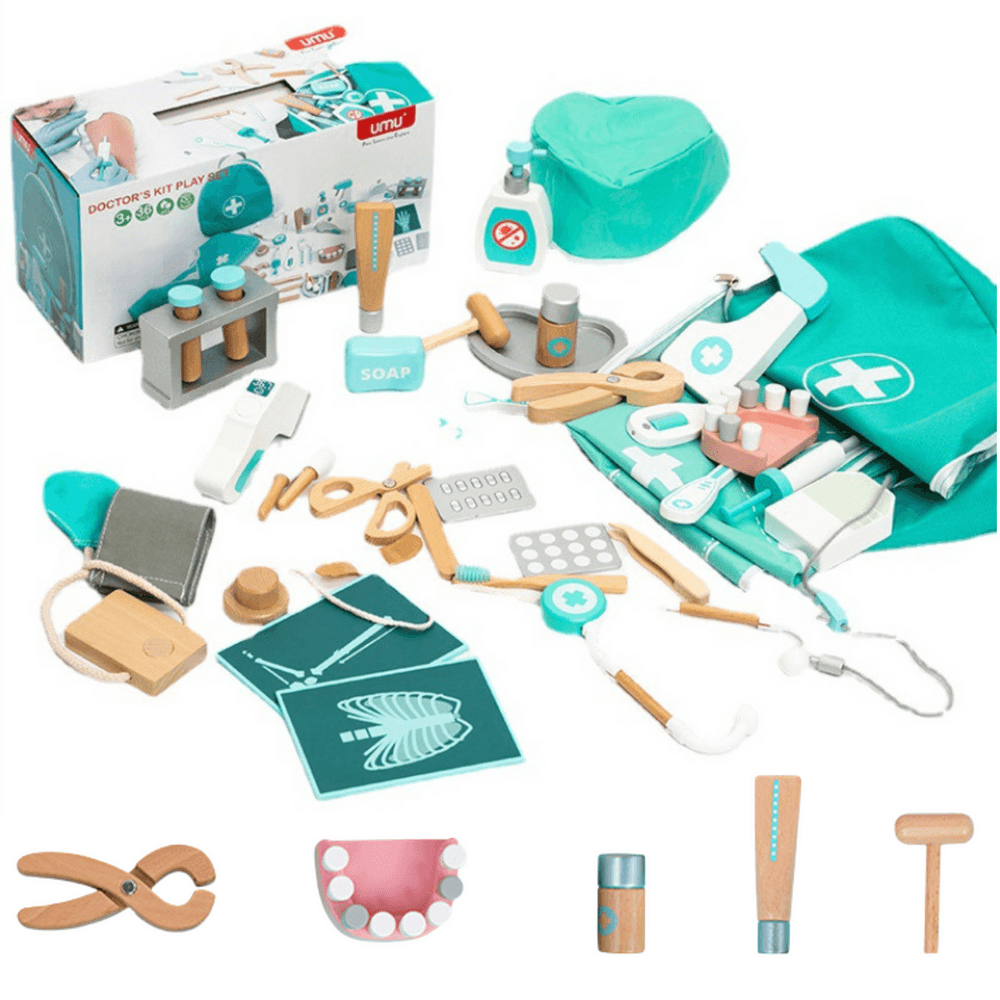Komplet malega zdravnika SP. ZOBOZDRAVNIK LEAN TOYS, lesena lekarna, predpasnik (20 delov)