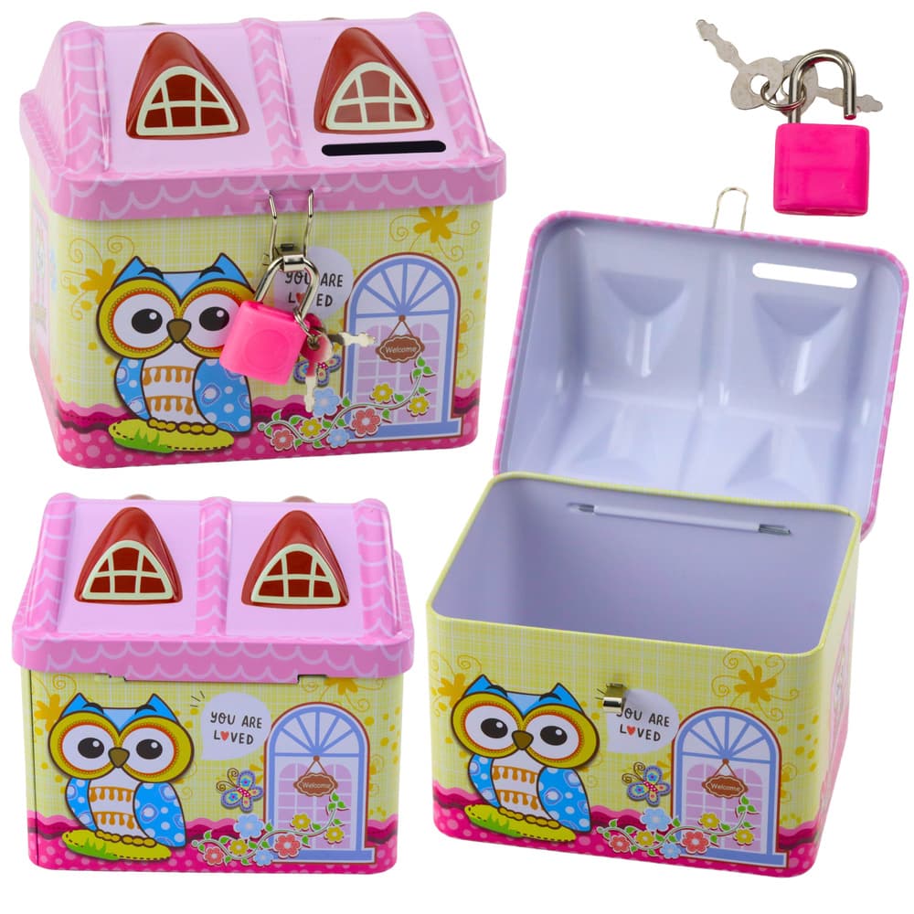 Kovinska hranilnica LEAN TOYS, hiška, sova, ključavnica, roza