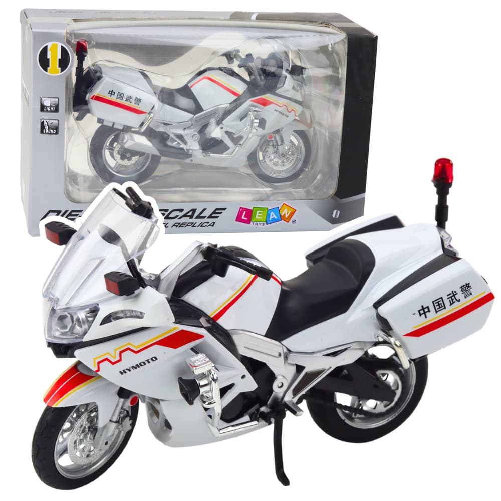 LEAN TOYS Motocikel kovinski, beli, rdeče-rumeni dodatki, 1:12